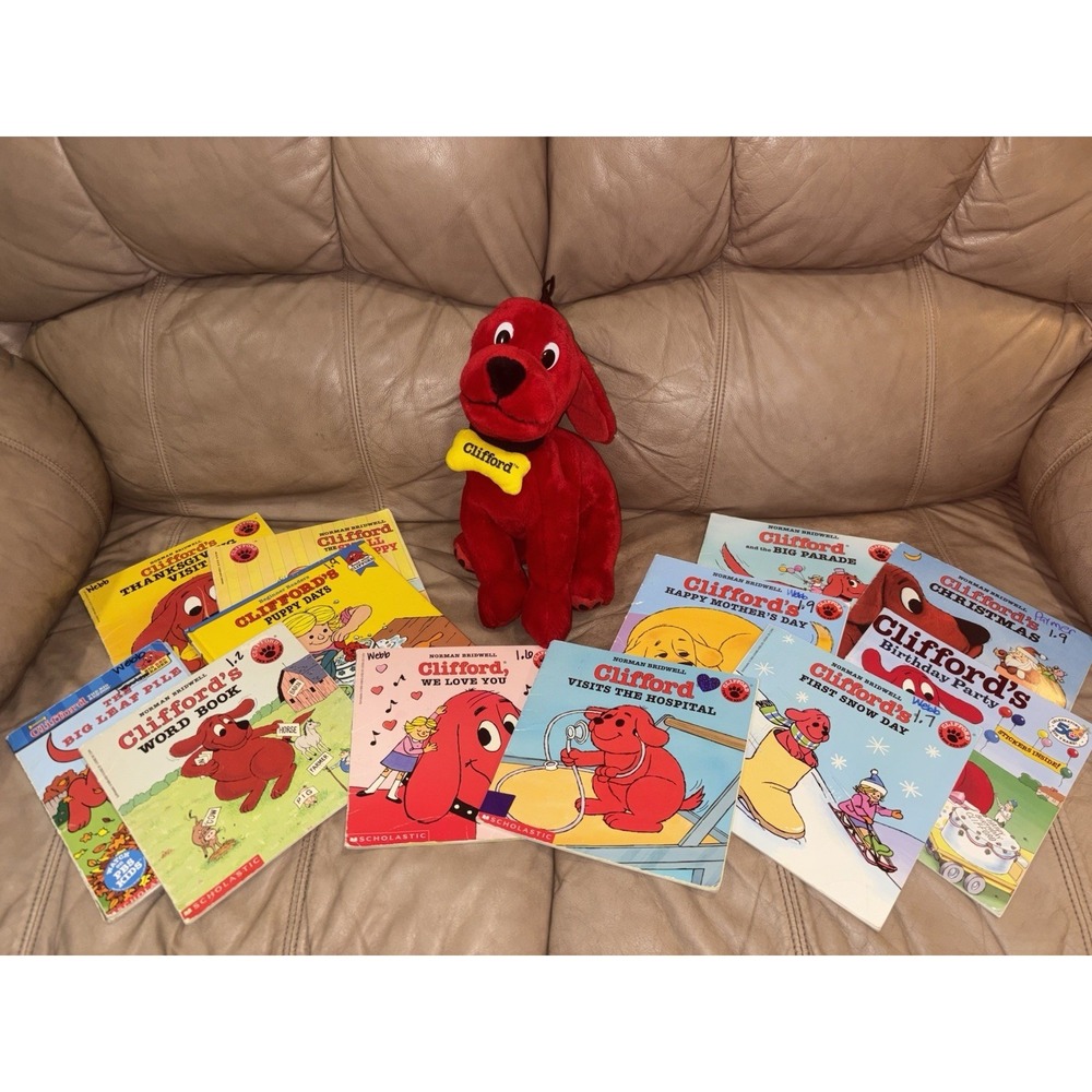 Norman Bridwell CLIFFORD THE‎ BIG RED DOG Book Lot of 12 w/ Clifford Plush Buddy